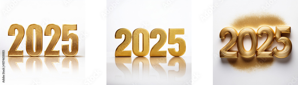 Poster three variations of 2025 in gold are set against a white background.