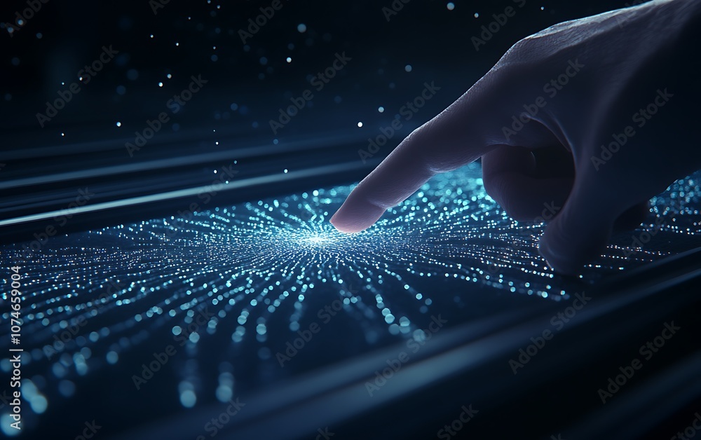 Aufkleber A hand touches a glowing digital interface filled with blue particles, symbolizing technology and interaction in a futuristic setting.