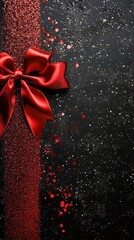 Red bow with scattered sparkles on black background