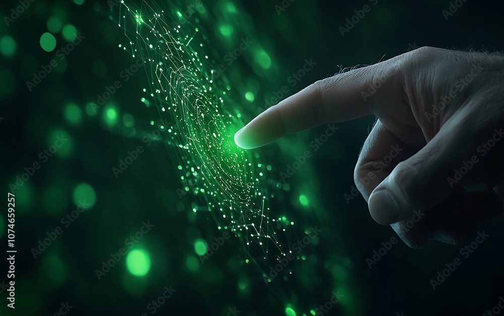 Poster a hand reaches towards a glowing green particle stream, creating a sense of wonder and connection to