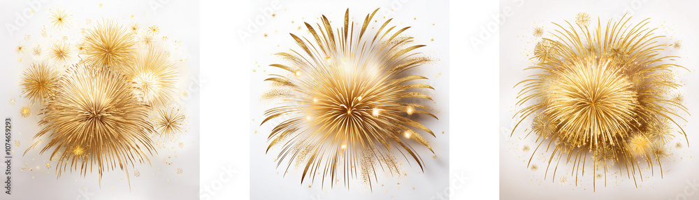 Aufkleber three golden fireworks exploding on a white background.