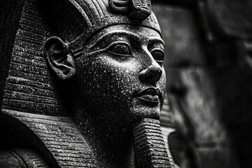 Detailed Close-Up of Pharaoh Ramses II Granite Statue, Ancient Egyptian Black and White Photography with Intricate Textures and Stone Carvings