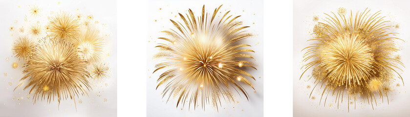 Three golden fireworks exploding on a white background.