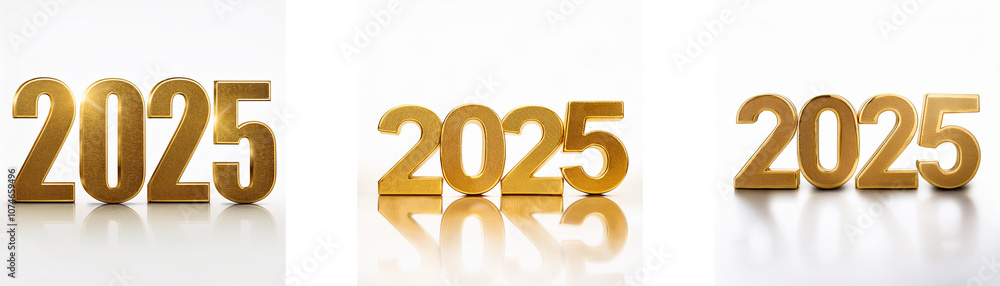Poster Three separate arrangements of the year 2025 formed using golden block letters.