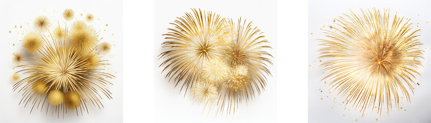 Fototapeta premium Three golden firework explosions on a white background.