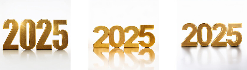 Three separate arrangements of the year 2025 formed using golden block letters.