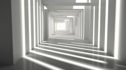 Obraz premium A perspective view of a bright, white corridor lined with geometric shapes casting shadows, leading towards a luminous light at the end for architectural design.