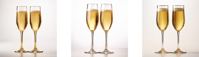 Three pairs of champagne flutes, each with two glasses, filled with sparkling golden liquid.