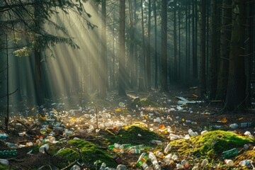 Trash scattered on forest floor in sunny woodland.