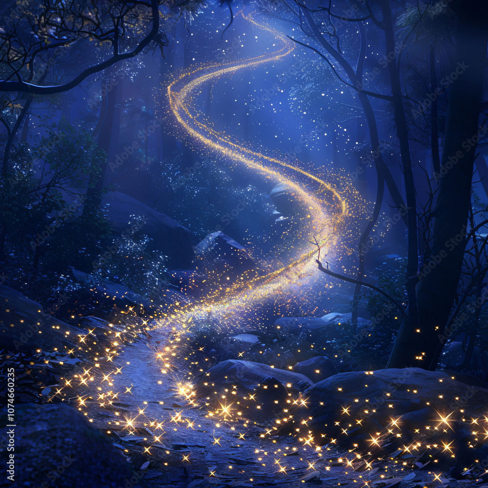 Poster an enchanting forest scene illuminated by a winding path of glowing golden lights, creating a magica