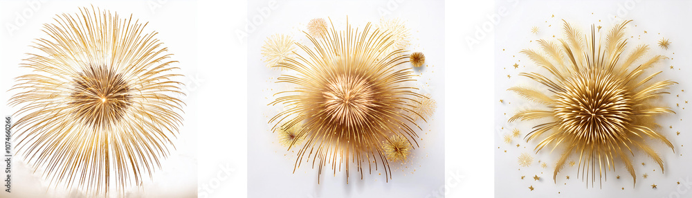 Poster Three abstract  compositions of golden wheat-like forms on a white background.