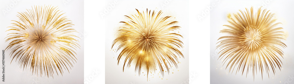 Poster Three stylized golden fireworks burst in a circular shape. The image is set against a white background.