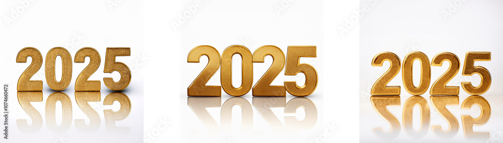 Aufkleber three golden 2025 numbers with slight variations in spacing are set against a white background.