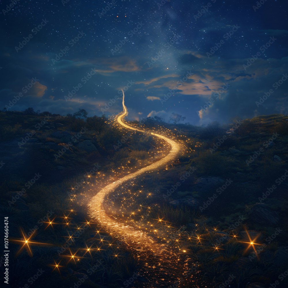Aufkleber a winding path illuminated by sparkling golden lights under a starry sky, creating a whimsical and d