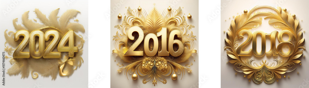Poster three gold 3d numbers against a white background, the numbers are 2016 and 2024, each surrounded by 