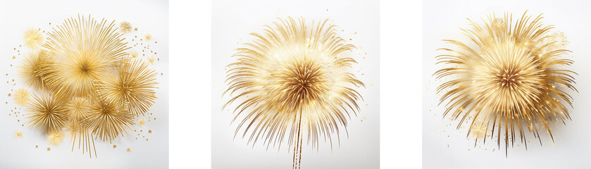 Fototapeta premium Three golden firework bursts in a row on a white background