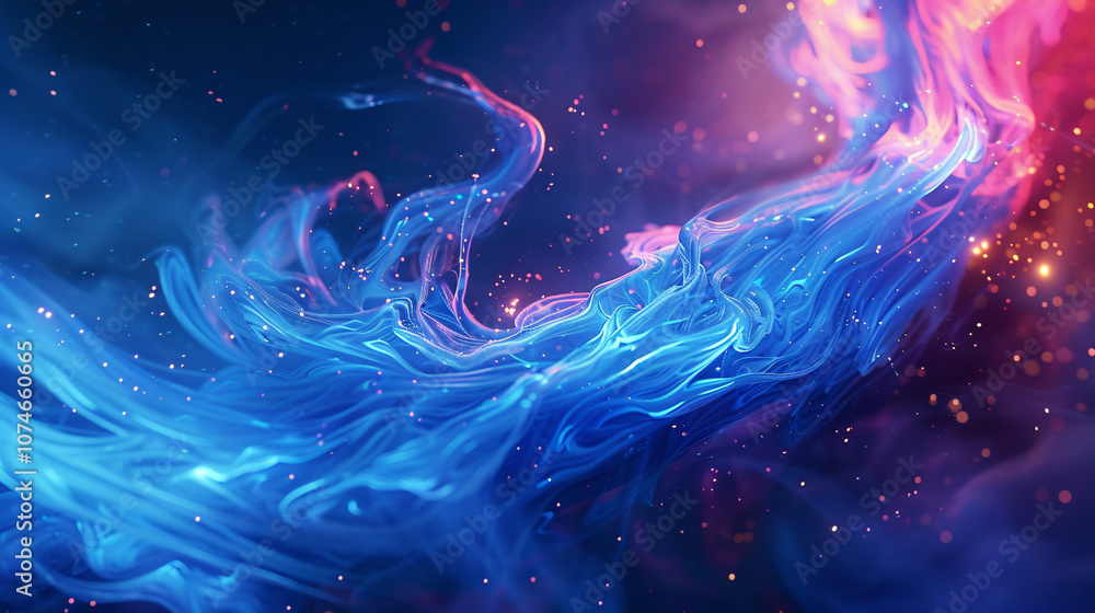 Poster an abstract digital artwork showcasing swirling colors of blue and pink with sparkling elements, cre