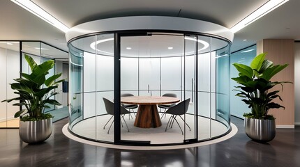 A sleek and modern office with conference room designed for collaboration virtual meetings room.