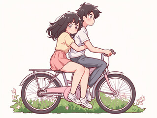 Cute Couple Riding a Bicycle Together - Romantic Illustration