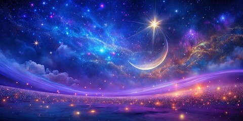 Obraz premium Celestial Tapestry of Shimmering Stars and a Crescent Moon, Adorned with Glowing Lights Across a Distant Landscape