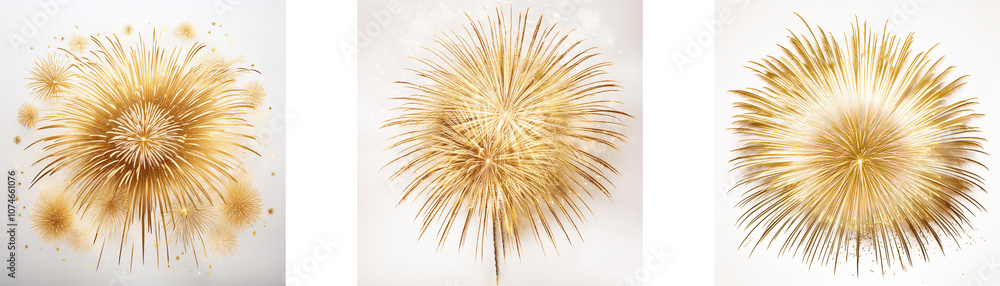 Poster three golden fireworks explode in a burst of radial lines against a white backdrop.