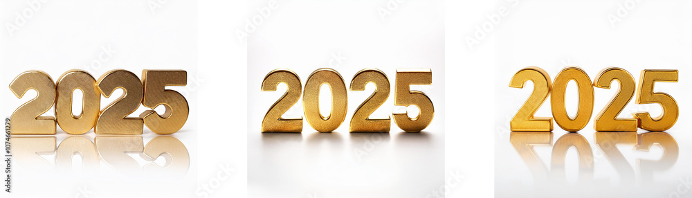 Poster three golden numbers, 2025, are arranged side by side. each set is isolated against a clean white ba