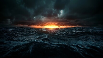 Fototapeta premium Dramatic storm clouds over the ocean at sunset, intense contrast of dark clouds and fiery orange horizon, powerful atmospheric seascape