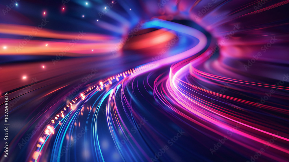 Poster a captivating digital scene of colorful light trails creating a dynamic sense of movement through a 