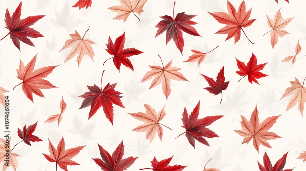 Poster colorful arrangement of red and orange maple leaves creating a vibrant autumn pattern on a light bac