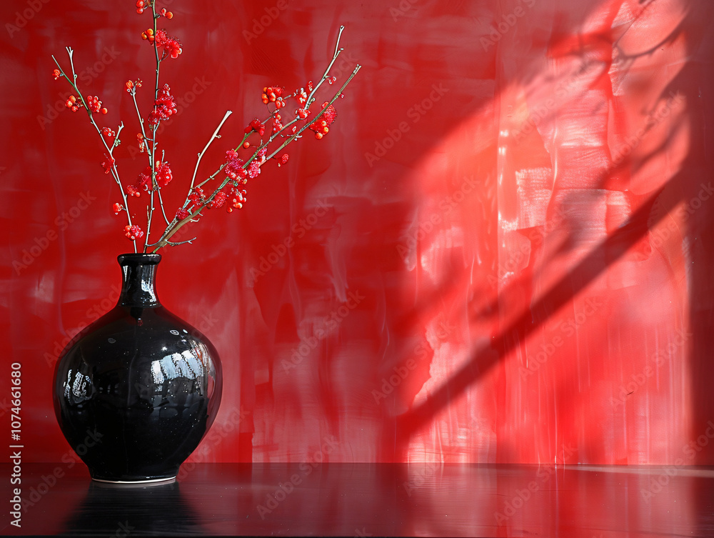 Poster another view of a black vase adorned with red branches against a red background, emphasizing the pla