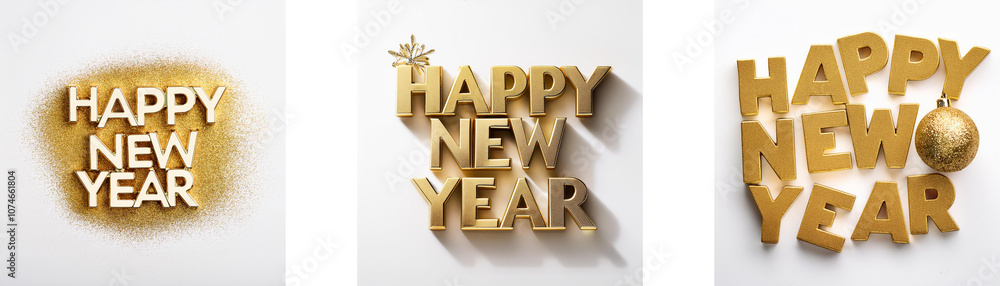Poster three images featuring the words 'happy new year' in gold with different styles.