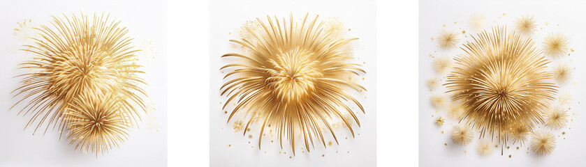 Three golden explosions on a white background, the largest in the middle.