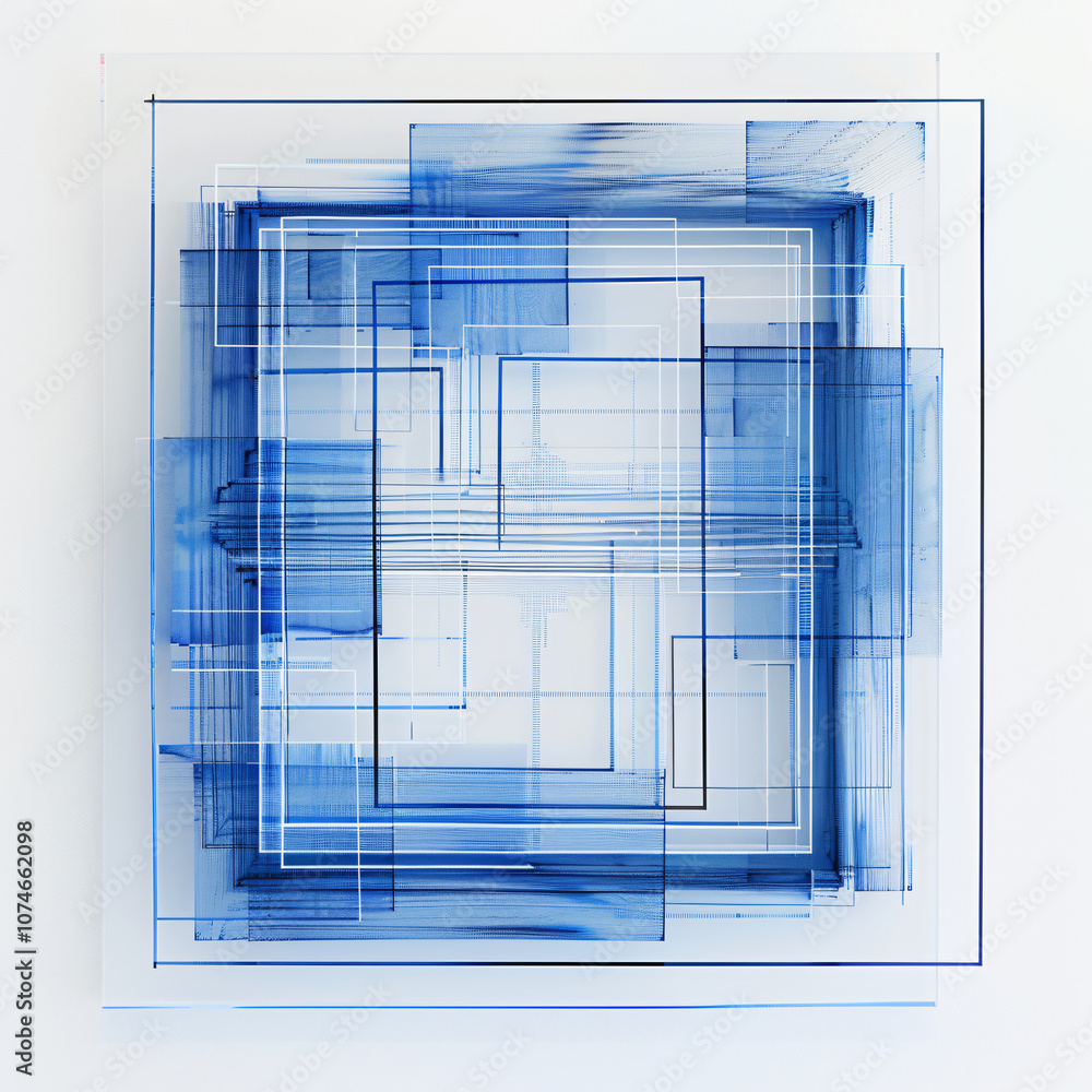 Poster an abstract artwork featuring layered blue geometric shapes with varying transparency, creating dept