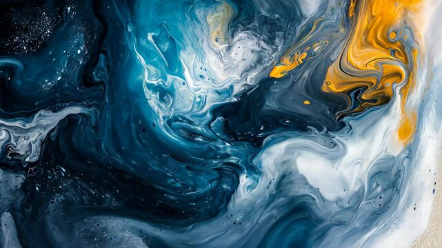 Abstract blue, white, and gold paint swirls create a beautiful design