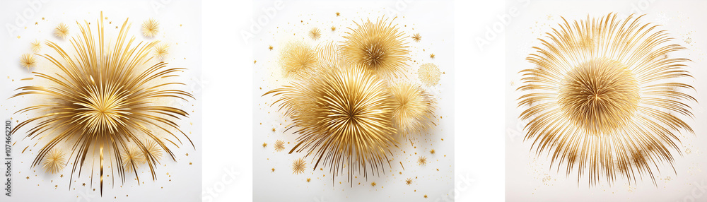 Poster three golden fireworks explode in a white space.