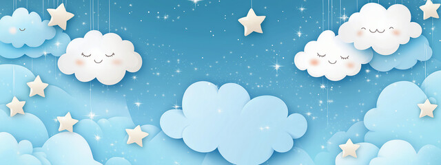 Adorable cartoon clouds and stars in a dreamy night sky