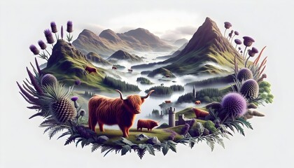A beautiful design representing the natural landscapes and rugged beauty of Scotland. Highland cows, thistles, mountain ranges, and misty lochs. 