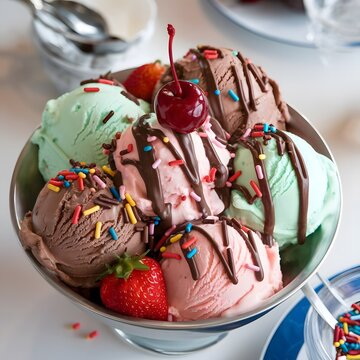 A photo of a variety of ice cream flavors in a bowl. There are multiple scoops of ice cream in a bowl.