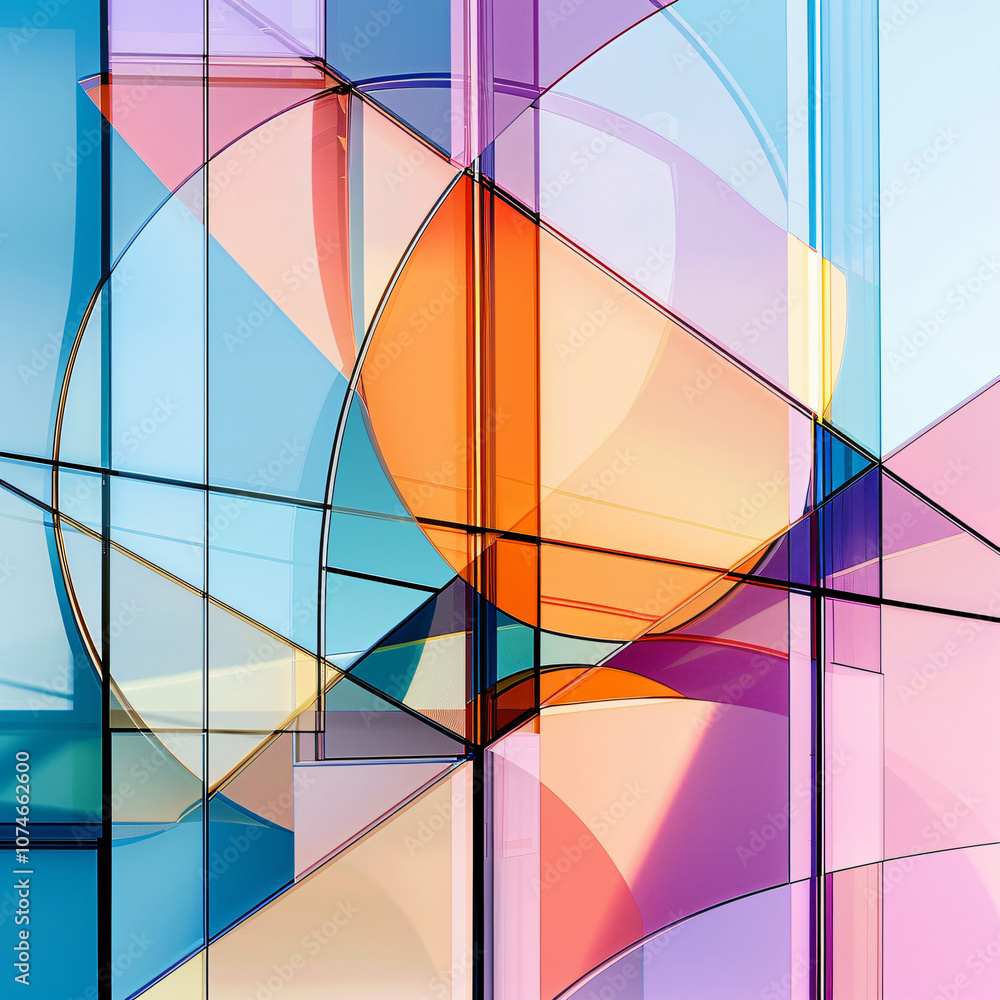 Poster an abstract composition featuring colorful overlapping circles and geometric shapes in shades of blu