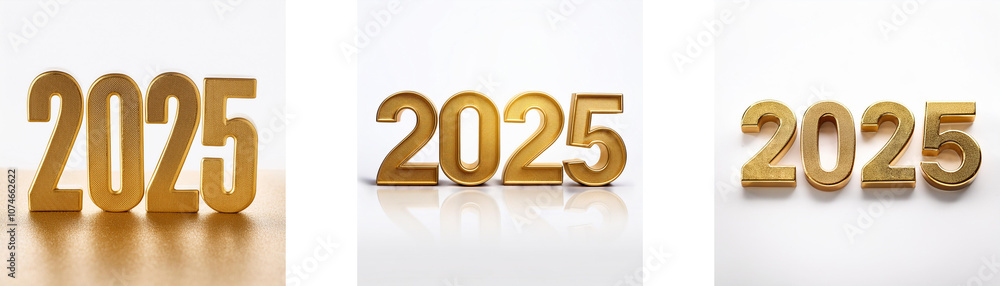 Poster The year 2025 is displayed three times using gold-colored numerals, arranged in a row.