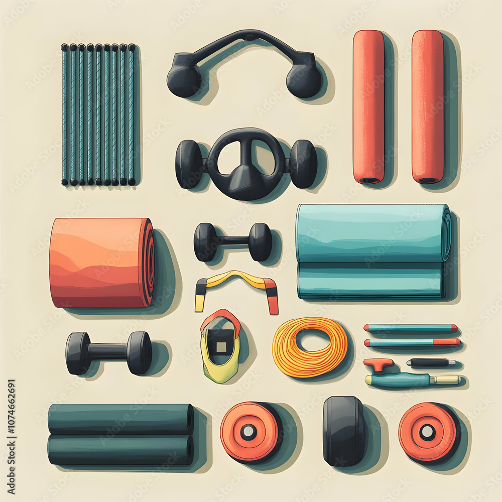 Poster minimalist fitness essentials, a sleek representation of fundamental workout elements, emphasizing s