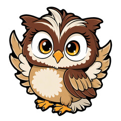 Fototapeta premium Cartoon owl sticker with big eyes, fluffy tufts, and joyful expression on white background, generative ai