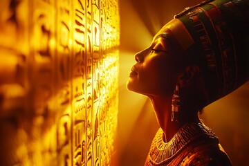 Serene Profile of Queen Nefertiti with Iconic Crown Against Hieroglyphic Wall, Soft Lighting in New Kingdom Style