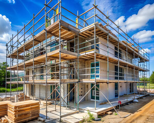 A residential building under construction, framed by metal scaffolding, against a blue sky, representing growth, progress, and structural development.