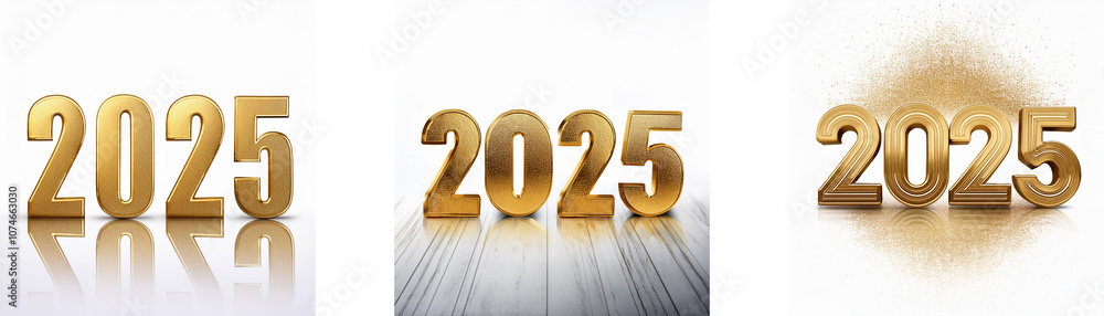 Poster Three images of the year 2025 in gold, with each image having a different background.