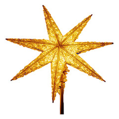 Una decorazione di Natale color oro, scintillante,  su uno sfondo bianco trasparente da personalizzare con auguri e marchi