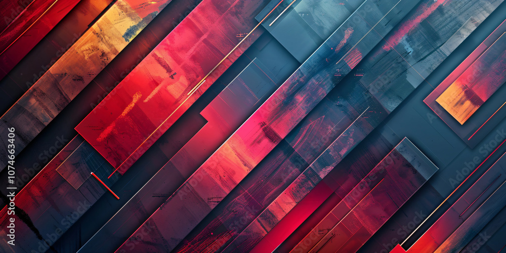 Poster a textured abstract composition showcasing layered shapes in shades of red and blue, creating depth 