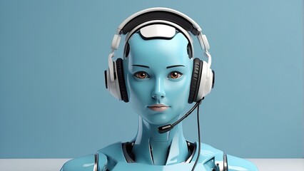 On a light blue background, a minimalist AI call center robot wearing a headset offers technical assistance