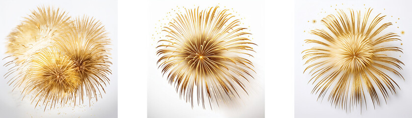 Three abstract, gold-toned shapes appear in the form of firework bursts on a white background.