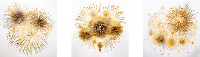 Obraz premium Three abstract images of brown and white bursts resembling fireworks on a white background.